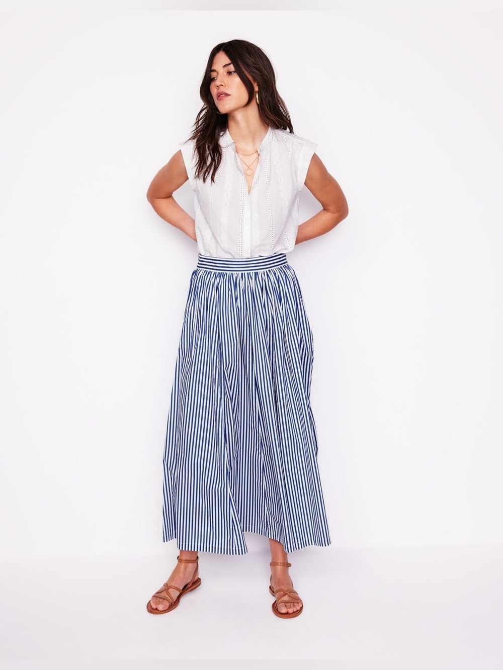 Boden Full Poplin Maxi Skirt in Kingfisher Blue Fine Stripe, Size 4